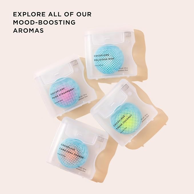 Cocofloss Woven Dental Floss, Dentist-Designed Oral Care, Strawberry Scent, Waxed, Expanding, Kid-Friendly String Floss with Coconut Oil, 4 Spools (33 yd Each)-Ruum Studio Home