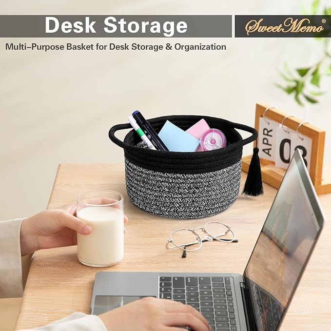 Small Gift Basket Empty to Fill – SweetMemo Mini Woven Rope Organizer Baskets for Gifting, Baby Shower, Desk, Bathroom, Shelves – Decorative Soft Bin with Gift Bag & Ribbon – Black Grey-Ruum Studio Home