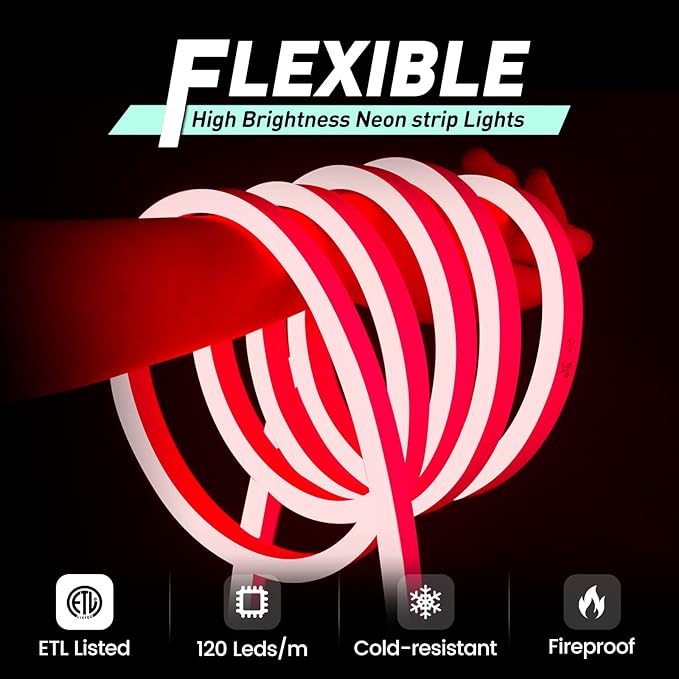 GZBtech Flexible LED Neon Rope Lights 50FT,AC 110-120V Waterproof Strip Light, 120 LEDs/M Cuttable Connectable Neon Lighting for Indoor Outdoor Home Decor/Commercial Building Use-Red 15M-Ruum Studio Home