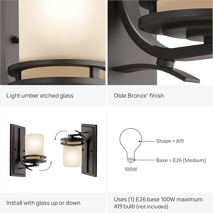 Kichler Hendrik 12” Wall Light Fixture in Olde Bronze with Umber Etched Glass, 1-Light Wall Lamp for Bedroom or Living Room, 5076OZ-Ruum Studio Home