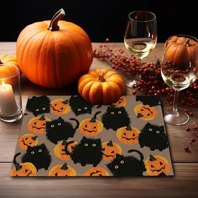 Halloween Placemats Cat Pumpkin Set of 4 Table Mats Seasonal Cute Home Party Kitchen Dining Table Decorations-Ruum Studio Home