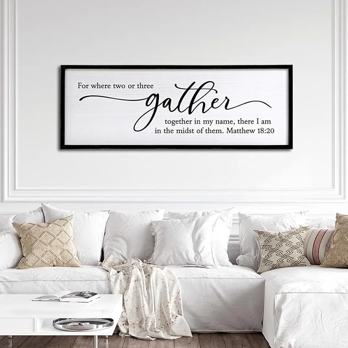 For Where Two Or Three Gather Sign Dining Room kitchen Wall Decor Bible Verse Scripture Matthew 18:20 Wooden Frame 32X12 Inch for Christian Family Hanging Art (Black)-Ruum Studio Home