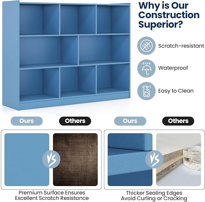 Tangkula 8-Cube Bookcase, Wood 3 Tier Open Storage Bookshelf, Modern Multipurpose Display Cabinet for Living Room, Study, Reading Nook, 48 x 12.5 x 36.5 Inch (Bright Blue)-Ruum Studio Home