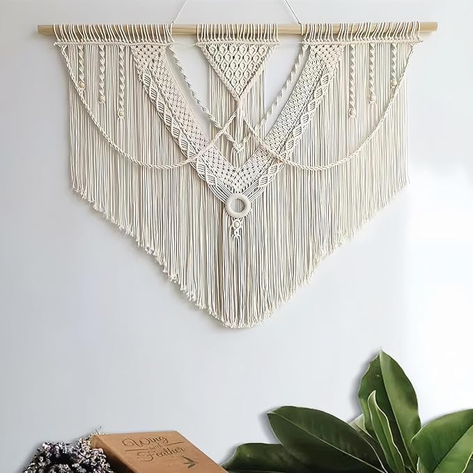 guzhiou large macrame wall hanging - Boho Tapestry Macrame Wall Decor Art- Chic Bohemian Handmade Woven Tapestry Home Decoration for Bedroom Living Room Apartment Wedding Party - 43"x32" (Beige-A)-Ruum Studio Home