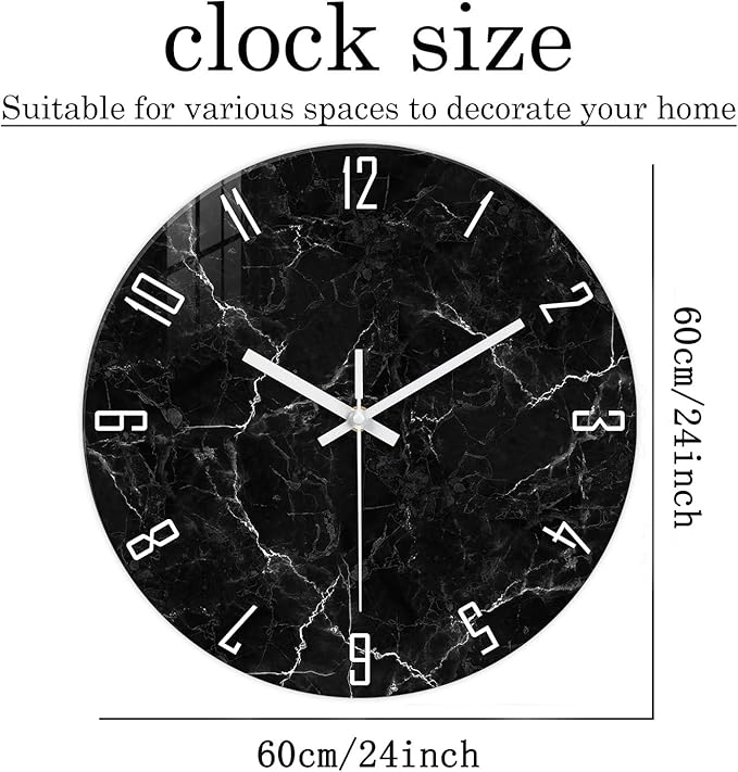 Oversized Decorative Clocks Battery Operated 24 Inch Marble Black Wall Clock for Office Round Non Ticking Wall Clock Silent-Ruum Studio Home