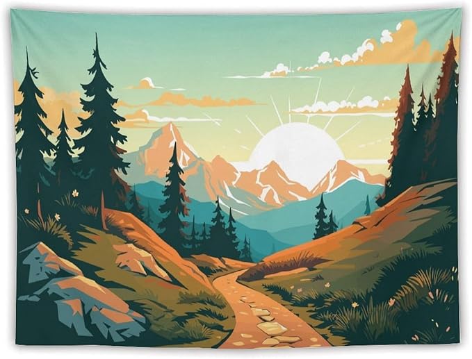 HZOHNAGO Mountain Tapestry Forest Mountain Sunrise Road Pattern Printed Wall Tapestry Wall Hanging for Bedroom Living Room Dorm 80" W x 60" H-Ruum Studio Home