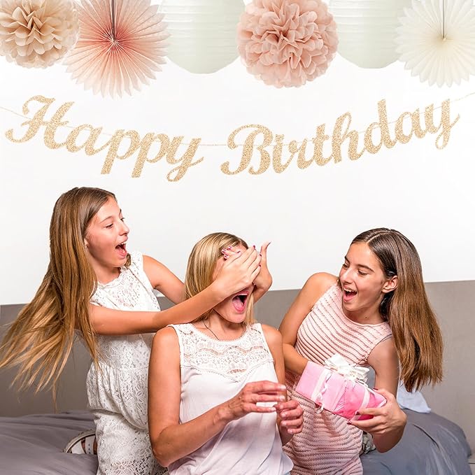 Champagne Rose-Gold Beige Birthday Party-Decorations - 14pcs Happy Banner Boho Lanterns Tissue Pom Poms,Rustic Streamers Garland Fans,Neutral One Sweet Peach Girls Women Hanging Supplies Decor Hugfond-Ruum Studio Home