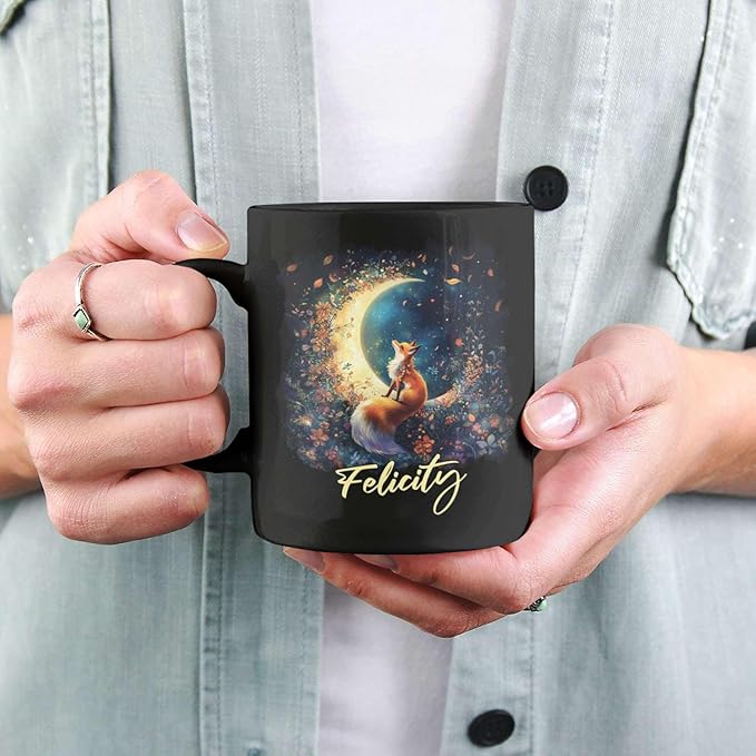 Personalized Name Ceramic Mug, Enchanted Forest Themed Decorative Cup, Custom Cute Fox With Crescent Moon Mug, Customized Floral Fox Coffee Cup 11oz 15oz, Animal Black Mug For Kids-Ruum Studio Home