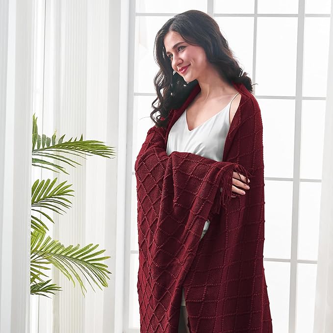 inhand Knitted Throw Blankets for Couch and Bed, Soft Cozy Knit Blanket with Tassel, Claret Lightweight Decorative Blankets and Throws, Farmhouse Warm Woven Blanket for Men and Women, 50"x60"-Ruum Studio Home