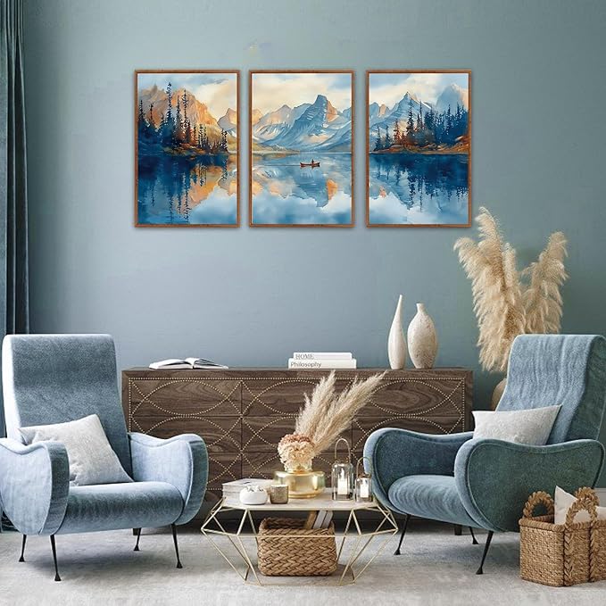 KAIRNE Framed Large Landscape Wall Art,Abstract Forest Prints Paintings,Watercolor Blue Mountain Lake Canvas,Nature Scenery Textured Artwork for Living Room Bedroom Home Office Gallery Decor,16”X24”-Ruum Studio Home