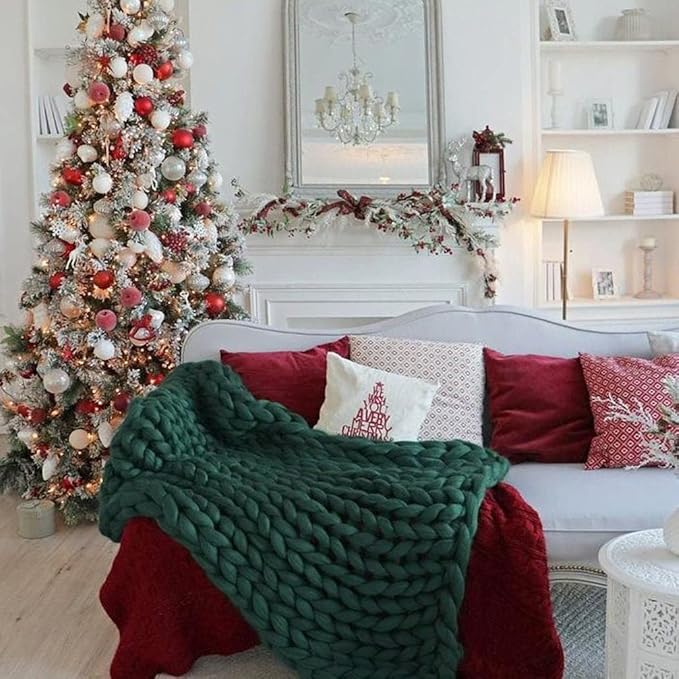 Knitted Throw Blanket for Sofa,Handmade Knit Chunky Blanket Throw Sofa Throw for Gift Sofa Bed,Chunky Knit Blanket(Dark Green 40"x60")-Ruum Studio Home