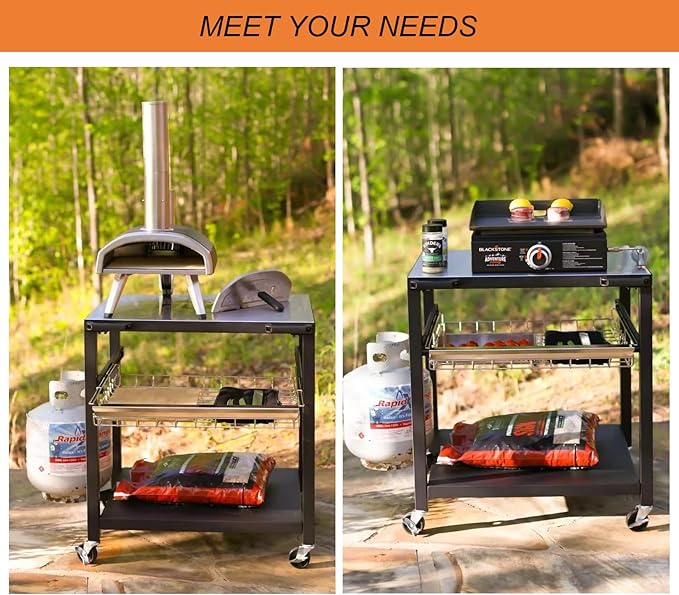NUUK Double-Shelf Movable Outdoor Pizza Oven Table, 24" x 30" Stainless Steel Commercial Multifunctional Food Prep Worktable with Drawer on Wheels-Ruum Studio Home