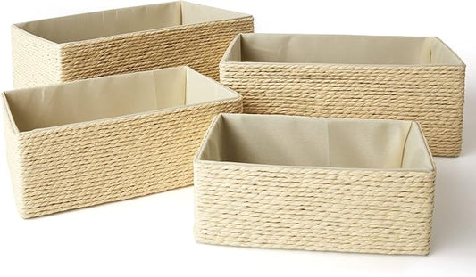 Storage Baskets Set 4 - Stackable Woven Basket Paper Rope Bin, Storage Boxes for Makeup Closet Bathroom Bedroom (Beige)-Ruum Studio Home