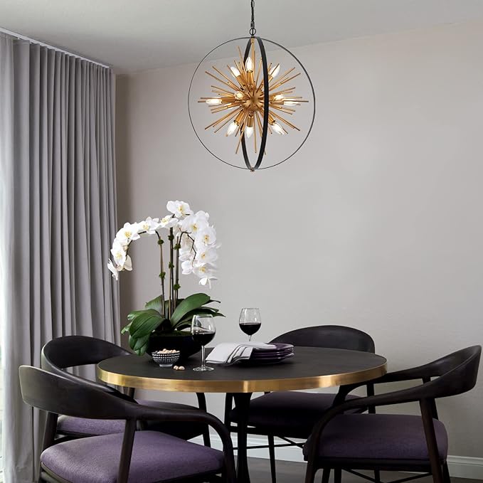 23.2'' Black Gold 12-Light Globe Sputnik Chandelier Modern Industrial Adjustable Hanging Ceiling Firework Pendant Light Fixture for Entryway Foyer Bedroom Dining Living Room Hallway-Ruum Studio Home