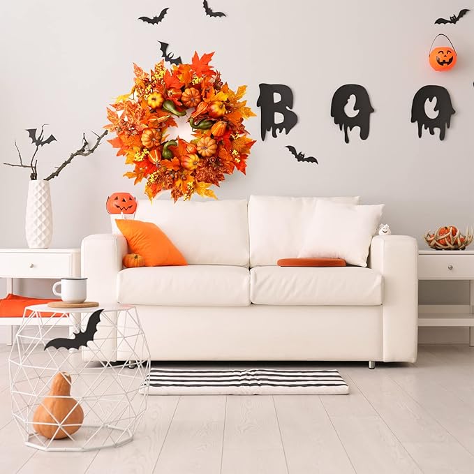 24 Inch Fall Wreaths for Front Door, Fall Decorations for Home,Fall Wreath,Autumn Wreath with Pumpkins Berries Maple Leaves for Thanksgiving Halloween Decorations Indoor Outdoor Outside Fall Decor-Ruum Studio Home