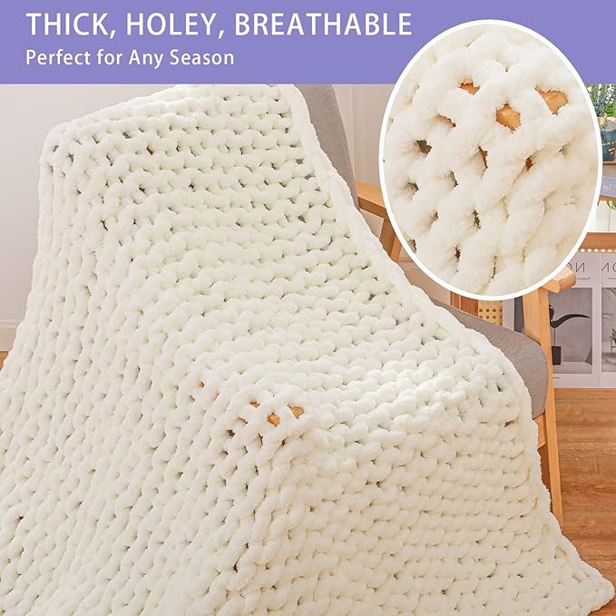 Bigacogo Chunky Knit Throw Blanket for Couch, 40x60 inches, 100% Hand Knitted with Thick Jumbo Chenille Yarn, Cozy Soft Large Rope Knot Cable Crochet Blankets for Sofa Bed Living Room, Ivory-Ruum Studio Home
