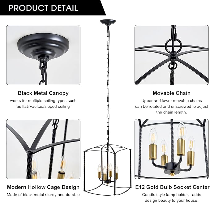Farmhouse 4 Lights Pendant Light, Industrial Black Lantern Chandelier with E12 Gold Base Metal Cage Rustic Geometric Hanging Light Fixtures for Kitchen Island Foyer Entryway Dining Room-Ruum Studio Home
