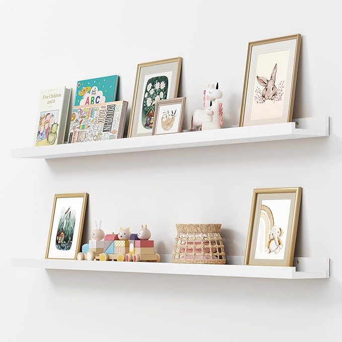 Picture Ledge Shelf, Floating Shelves Set of 2, Solid Pine Wood 55'' Long Large Nursery Book Shelves for Toys Storage, Kids Bookshelf for Living Room Bedroom Decor Books Photo Frames, White-Ruum Studio Home