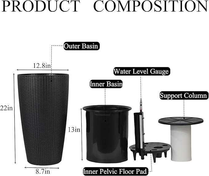 2Pack 22" High Modern Plant Pots Planter-Self-Watering Indoor/Outdoor Planting with Drain Holes, Water Level Monitor, Inner Bucket for Front Porch Patio, Black Rattan Conical-Ruum Studio Home