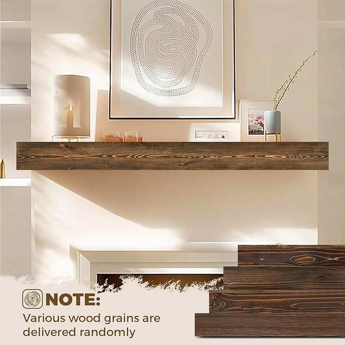 60x8x3 Fireplace Mantel - Handcrafted Hollow Rustic Solid Wood Wall Mounted Floating Shelf with Invisible Heavy Duty Wood Bracket (Weathered Brown)-Ruum Studio Home