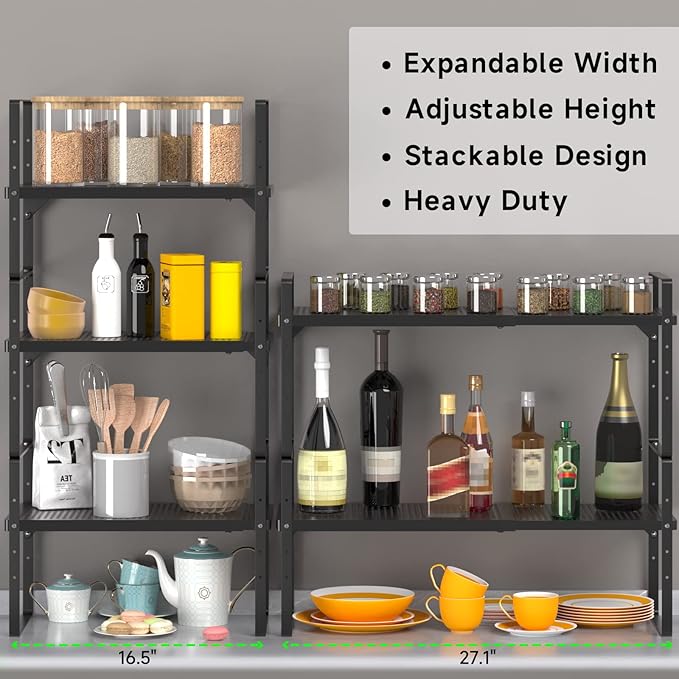 Expandable Cabinet Organizer Shelf, Stackable Shelf Riser for Small Kitchen Pantry Desk Cupboard Tabletop Countertop Home Office, Heavy Duty, Black Small 1 Pack-Ruum Studio Home