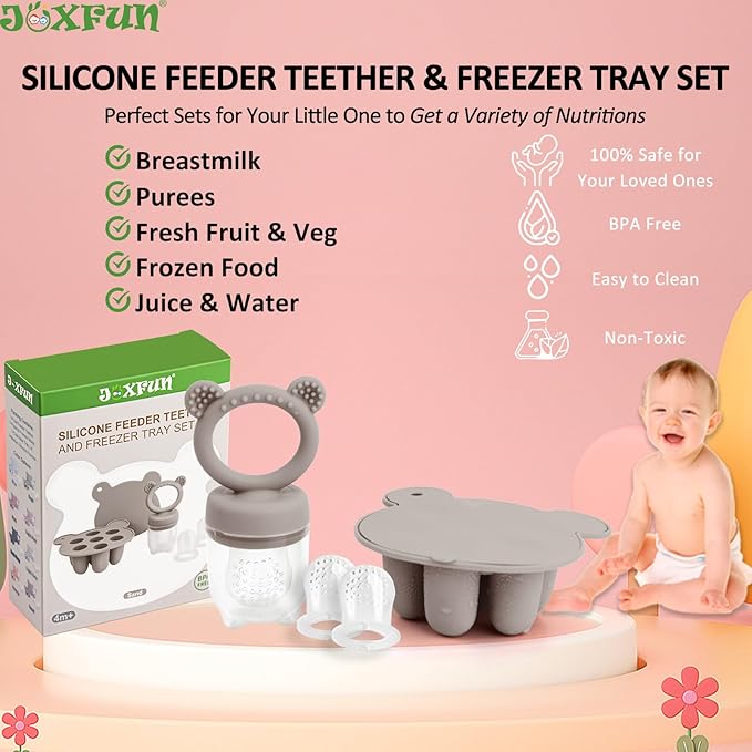 JEXFUN Silicone Baby Fruit Food Feeder Pacifier & Breastmilk Popsicle Freezer Molds, Double as Baby Teething Toys, Freezable Feeding Set for Breast Milk Ice Cubes, Food, Vegetable Purees - (Sand)-Ruum Studio Home