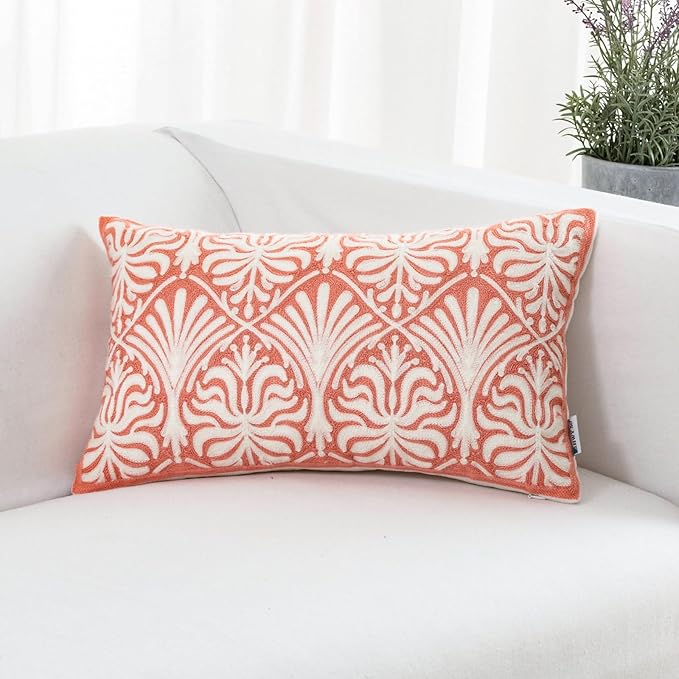 HWY 50 Pink Decorative Lumbar Pillow Cover Rectangle 12x20 Inch (1 Piece), Embroidered Cotton Farmhouse Cushion Cover Pillow Case for Sofa Couch Living Room Bed, Minimalist Floral-Ruum Studio Home