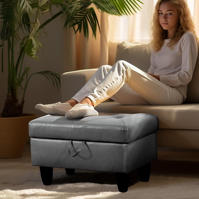 Ottoman Rectangular Storage Ottoman Bench, Faux Leather Footrest, Coffee Table, Stool Footstool with Hinged Lid for Living Room, Bedroom, Entryway, Gray, 28.5"x19"x17.5"-Ruum Studio Home
