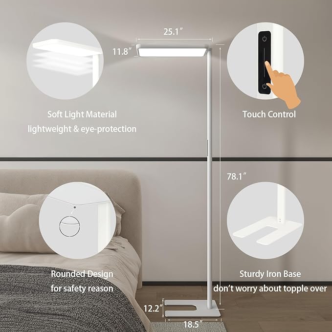 LED Floor Lamp 78ines Tall Floor Lamp 80W White Mordern Office Standing Lights Eye-Care Reading Lamps for Living Room Study Bedroom 4000K Daylight-Ruum Studio Home