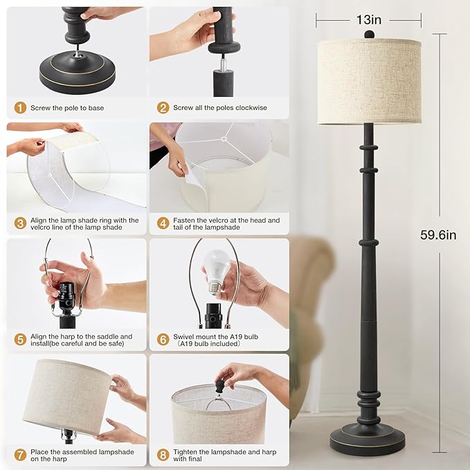 Floor Lamps for Living Room - 60" Resin Farmhouse Floor Lamp with 3 Color Temperatures - Vintage Standing Lamp Reading Light with Linen Shade Retro Tall Lamp for Bedroom Office, Black-Ruum Studio Home