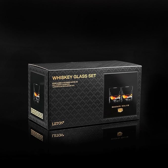 Grand Canyon Heavy Crystal Whiskey Glasses Gift Set of 2, Thick Freezable Bourbon Glass 1lb Each, Premium Whiskey Gifts for Men, Frozen Crystal Chills Cocktails, 10 oz-Ruum Studio Home