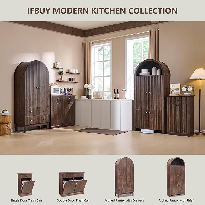 71" Tall Arched Bathroom Storage Cabinet, Modern Fluted Storage Cabinet w/Doors, 3 Adjustable Shelves, 6 Door Shelves, Wood Freestanding Cabinet for Bathroom, Entryway, Hallway, Brown-Ruum Studio Home