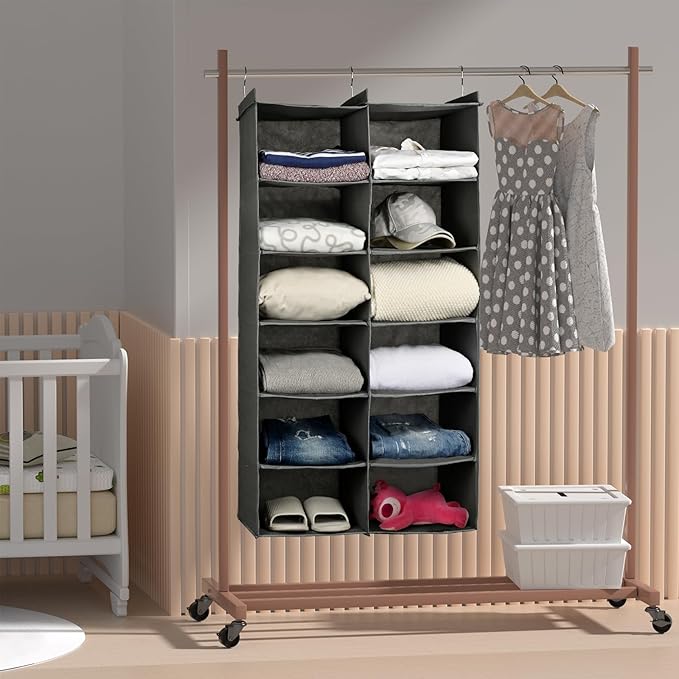 Dual-Row 6 Tier Shelf Hanging Closet Organizer and Storage, 12 Pockets Clothes Storage Shelves with 3 Sturdy Hooks for Clothing Organization, Dorm Room Essentials for Girls, Foldable, Grey-Ruum Studio Home