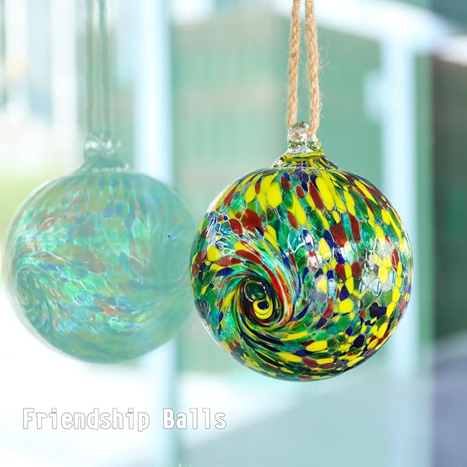 VCUTEKA Hanging Friendship Balls, Glass Ball Hand Made Witch Ball for Window Outdoor Garden Patio Décor, 6" Colorful Swirl-Ruum Studio Home