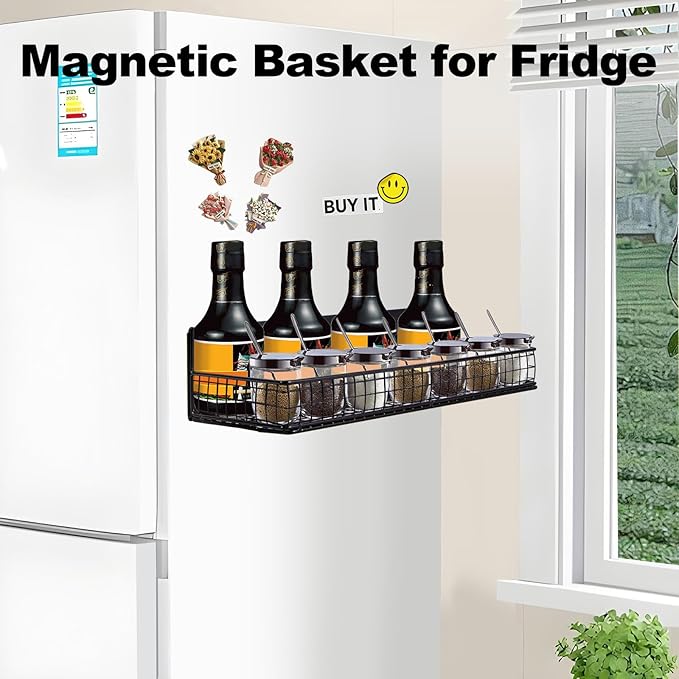 Magnetic Shelf for Fridge Magnetic Basket Organizer Wire Mesh Magnetic Holder Magnet Shelf Accessories for Office Kitchen Classroom Storage, Black-Low, 13.77" x 5.11" x 1.7-Ruum Studio Home
