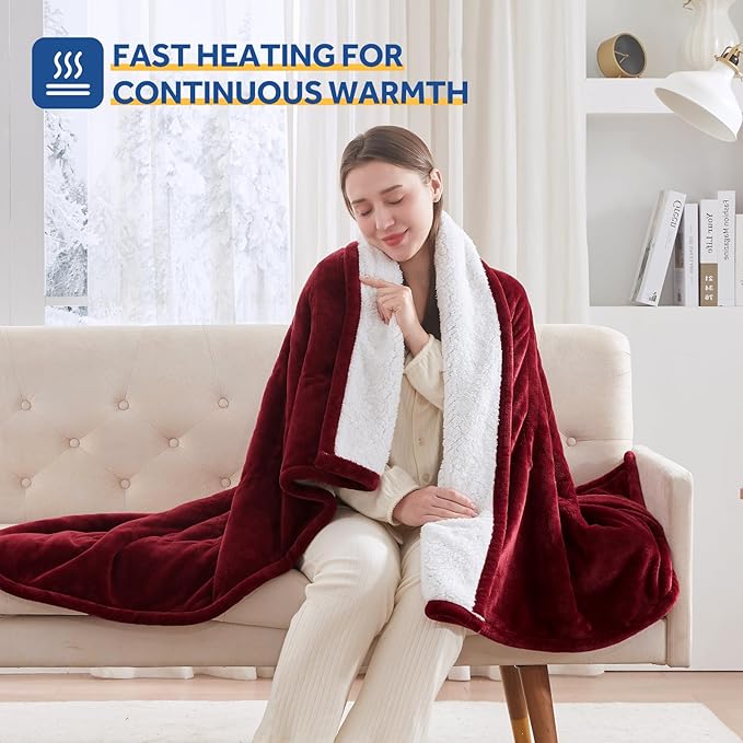 Sealy Electric Blanket Throw Size 50"*60",Super Cozy Flannel to Sherpa Reversible Heated Blanket Throw with 6 Heating Levels & 2-10 Hours Auto Off Overheating Protection Machine Washable,Red-Ruum Studio Home