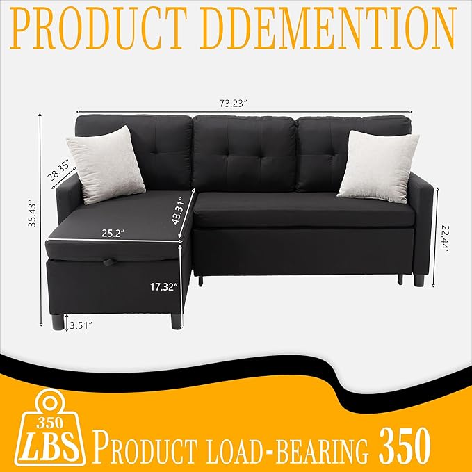 Pull Out Couch, Oversized Sleeper Sofa Couch, Sectional Sleeper Sofa Bed for Living Room Bedroom Lounge (Black, 73 Inch)-Ruum Studio Home