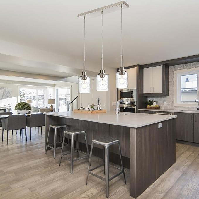 3-Light Farmhouse Chandelier Light Fixture Brushed Nickel Clear Seeded Glass Dining Room Hanging Modern Pendant Lighting Over Table,Traditional Ceiling Lights for Kitchen Island Entryway-Ruum Studio Home