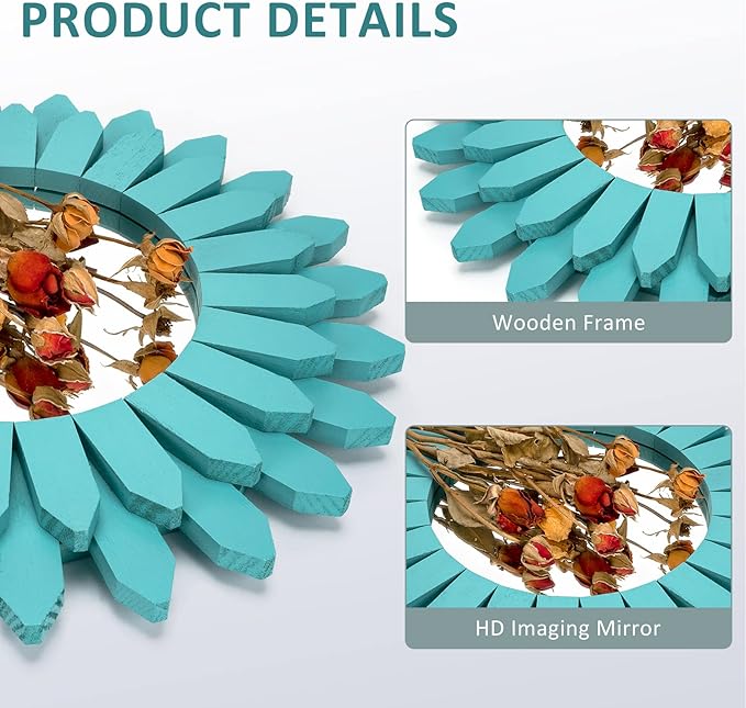 Honiway Beach Wall Decor Mirror 12 inch Wood Coastal Wall Decor Sunburst Boho Home Decor Room Decor for Bedroom Living Room Bathroom Cyan-Ruum Studio Home