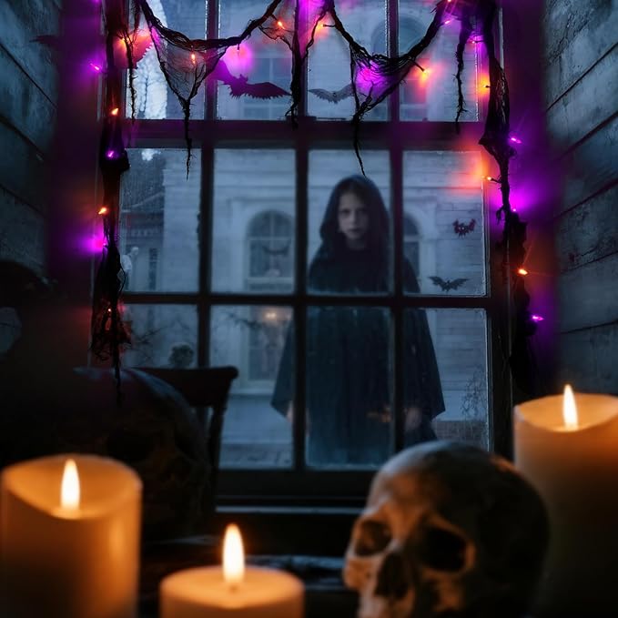 Halloween Horror Atmosphere Lights, Orange&Purple LED String Lights with 9.9FT Creepy Black Gauze, Battery Powered with Timer & 8 Flashing Modes (2 Pack Orange & Purple)-Ruum Studio Home