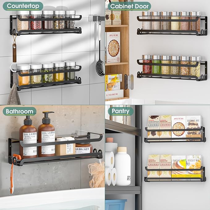 LUCYCAZ 6 Pack Wall Mounted Spice Rack with 22 Hooks, Spice Organizer Shelf for Stove Cabinet Pantry Door,Screw or Adhesive Spice Shelf Hanging Wall Spice Rack in Kitchen and RV (Black, 6 PACK)-Ruum Studio Home