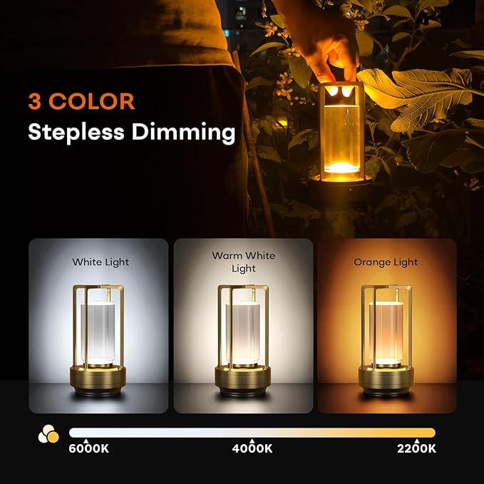 Portable Metal Table Lamp for Indoor/Outdoor ,Rechargeable Cordless LED Lamp, 3-Colour Infinitely Dimming Battery Powered Small Desk Lamp, Restaurant/Bedroom/Bar/Coffee/Camping Light (Gold Set of 2)-Ruum Studio Home