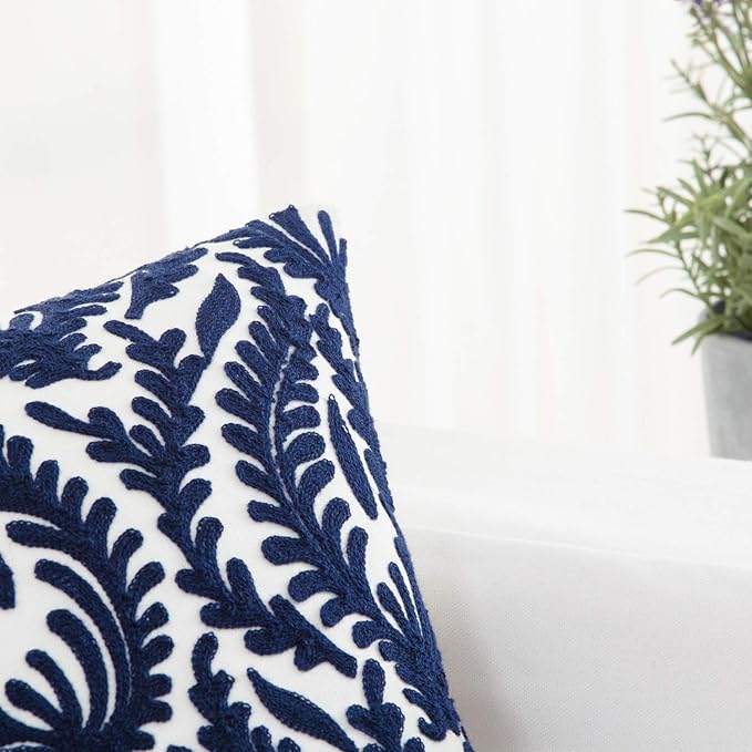HWY 50 Navy Blue Decorative Throw Pillow Covers 18x18 Inch (1 Piece), Embroidered Cotton Farmhouse Cushion Cover Pillow Case for Sofa Couch Living Room Bed Bedroon, Floral Branches-Ruum Studio Home