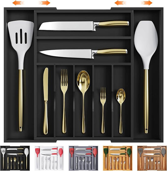 Bellsal Large Premium Bamboo Silverware Organizer - Expandable Utensil Drawer Organizer - 17"x19.6" Utensil Holder and Cutlery Tray with Grooved for Kitchen Flatware and Utensils(7-9 Slot, Black)-Ruum Studio Home