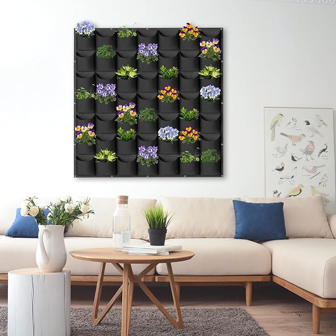 49 Pockets Hanging Planter Bags, Hanging Vertical Wall Mounted Plant Planting Grow Bags, Herb Garden Planter Outdoor Indoor Growing Bag, Gardening Vertical Greening Flower Container(1m×1m, Black)-Ruum Studio Home