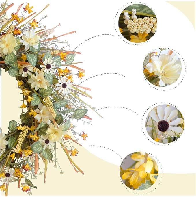 idyllic 20 Inches Spring Summer Front Door Wreath, Yellow and White Daisies Flowers, Ear of Wheat, Green Leaves Wreath for Front Door-Ruum Studio Home