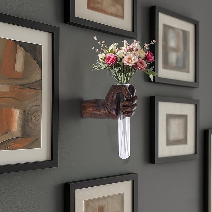 Vintage Wall Sculptures, Hand Vases Home Decor, Wall Mount Art Sculpture, Unique Wall Art Statue, Funky Flower Vase Decorations, Modern Eclectic Hanging Decor,Glass Test Tube Vase-Ruum Studio Home