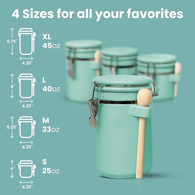 Home Intuition 4-Piece Ceramic Kitchen Canisters Set, Airtight Containers with Wooden Spoons Reusable Chalk Labels and Marker for Sugar, Coffee, Flour, Tea (Turquoise)-Ruum Studio Home