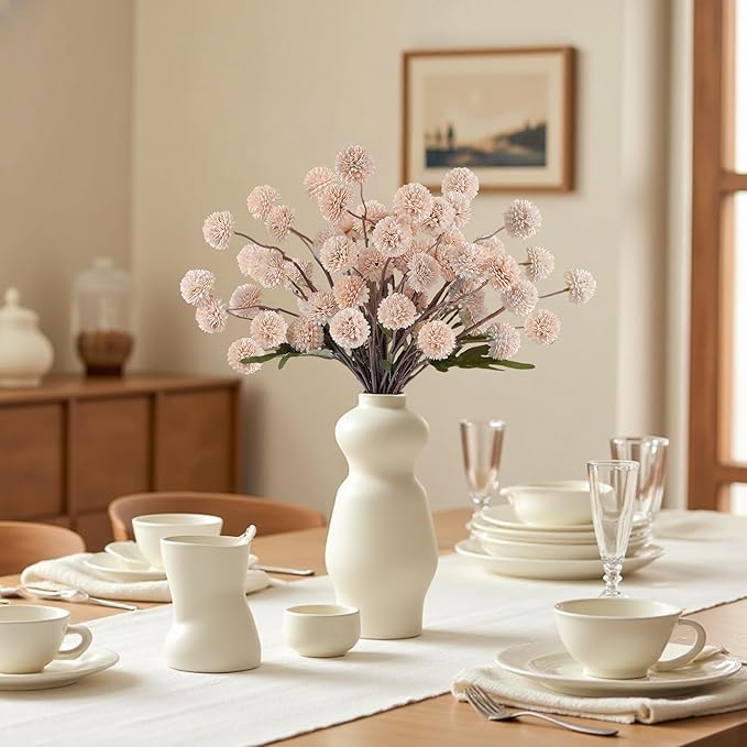 Faux Beige Kiku Flowers 10 Stems & 2 Eucalyptus, Fake Mums Pompon Flower Ball, Autumn Artificial Chrysanthemums Flowers for Boho Bedroom Decor, Silk Mini Faux Kiku Flower Wedding Arrangements Decor-Ruum Studio Home