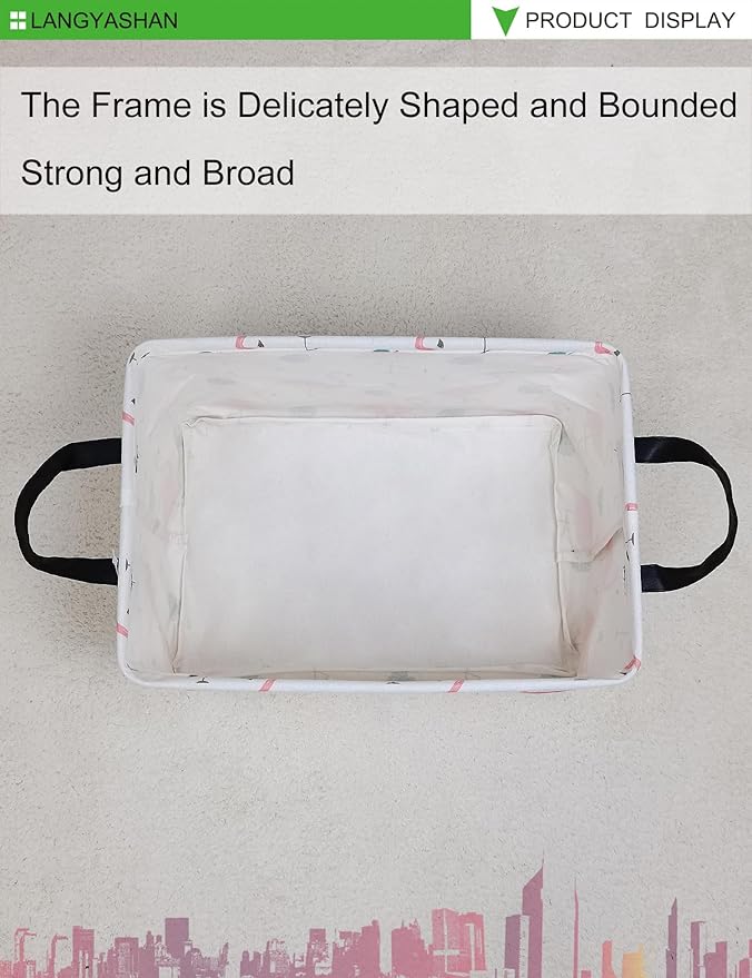 LANGYASHAN Rectangular Storage Bin Collapse Canvas Fabric Cartoon Storage Basket with Handles for Organizing Home Kitchen Boys and Girls Toys Office Closet Shelf Baskets(Rec Leaf Flamingo)-Ruum Studio Home